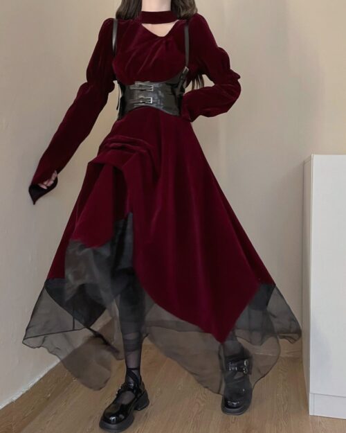 Retro Red Velvet Waist Up Gothic Aesthetic Dress, featuring a long sleeve and layered skirt.