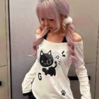 Patched Neko Off-Shoulder T-Shirt - Cutecore Aesthetic word2