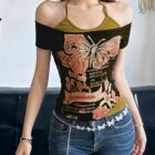 Butterfly Print Off-shoulder T-shirt - Y2K Aesthetic word2