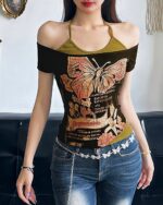 Butterfly y2k t-shirt featuring a detailed graphic print on off-shoulder top.