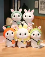 Set of kawaii bunny plushies with various hats and accessories, including a carrot and avocado. A charming kawaii bunny plushie.