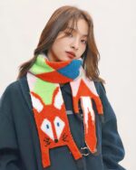 Cute fox scarf featuring a knitted fox design, cottage aesthetic warmth.