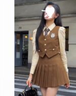 Korean three-piece suit - College Aesthetic outfit featuring a vest, blouse, and pleated skirt.