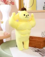 Yellow sanrio muscular plushie, Pompompurin, flexing arm, soft toy.