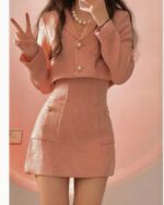 Pink retro aesthetic suit, a double-breasted jacket and mini skirt set.