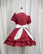 Back view of a red maid dress - Kawaii Clothes with ruffles and a white bow.