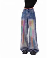 Colorful y2k aesthetic jeans with a wide-leg cut and vibrant tie-dye details.