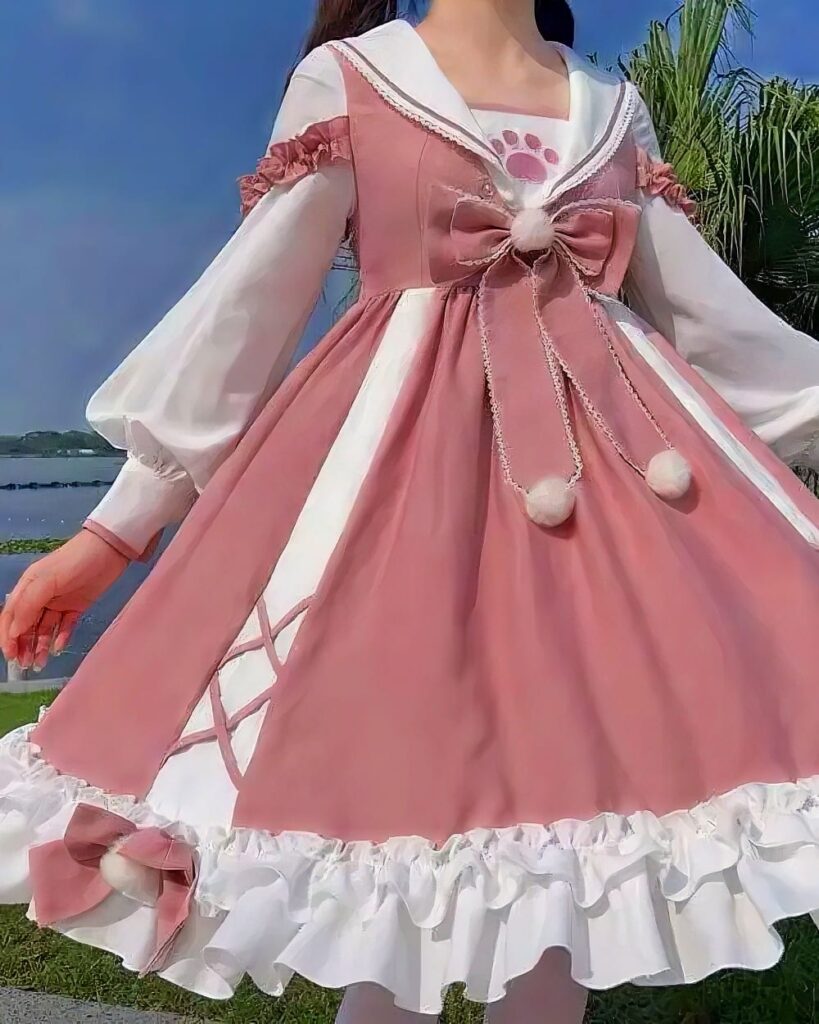 Puffy Princess Dress - Sweet Lolita dress, featuring a white and pink layered design with ruffles and bows.