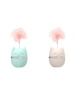Two kawaii cat toys, automatic feather tumblers, one teal and one beige.