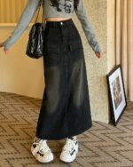 Long y2k denim skirt with pockets and a relaxed fit, aesthetic long skirt.