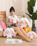 Kawaii transformable plushie featuring a bunny with carrot and strawberry accents.