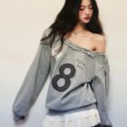Off Shoulder Gray Sweathirt - Coquette Aesthetic word2