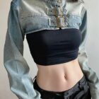 Loose Long Sleeve Denim Top - Y2K Aesthetic word3