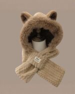 Brown fox ear beanie with a hood and textured scarf. Kawaii winter hat.