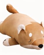 Kawaii lazy shiba plushie lying down, soft plush dog toy, tan color.