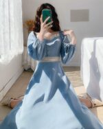 Retro Square Collar Dress - French Aesthetic, light blue, puff sleeves, lace details.