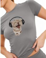 Gray jam cat t-shirt featuring a cartoon cat wearing headphones.