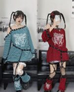 Two outfits showcasing the punk lolita set: a striped blue dress and a red mesh top with detailing.