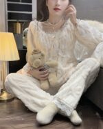 Flannel lace court pajamas set, featuring a comfortable aesthetic. Victorian sleepwear details.