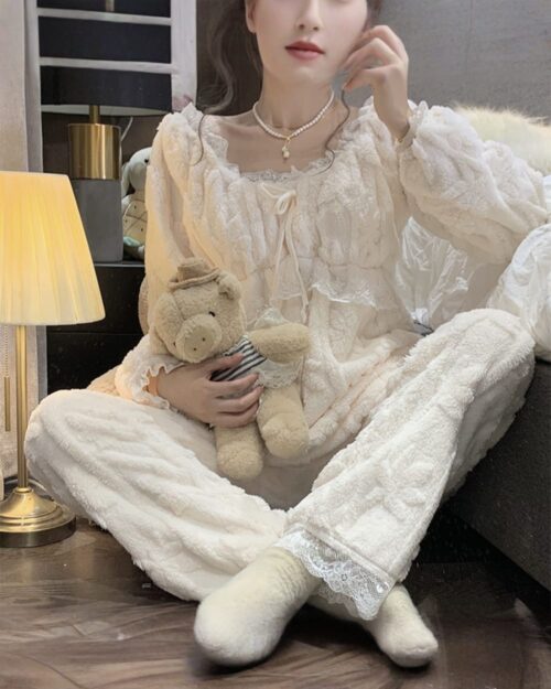 Flannel lace court pajamas set, featuring a comfortable aesthetic. Victorian sleepwear details.