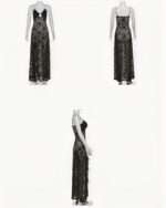 Hollowed Transparent Gothic Aesthetic Dress, black lace maxi gown on mannequin.
