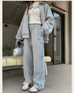 Gray Sports Sweater Set - Korean Aesthetic, featuring a zip-up jacket and wide-leg pants with blue accents.
