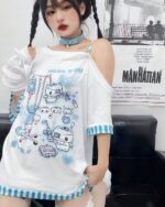 Blue nurse cat shirt with cute cartoon cats and medical symbols. Cutecore aesthetic tee.