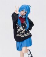 Model wearing a Black Lucky Star pullover sweater with a Slash-Youth graphic.