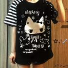 Cute Black & White Tee featuring a cat graphic with a goth punk aesthetic design.