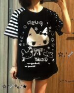 Cute Black & White Tee featuring a cat graphic with a goth punk aesthetic design.