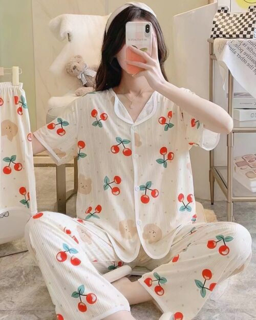 Floral korean aesthetic pajamas featuring cherries and bears. Comfortable summer homewear set.