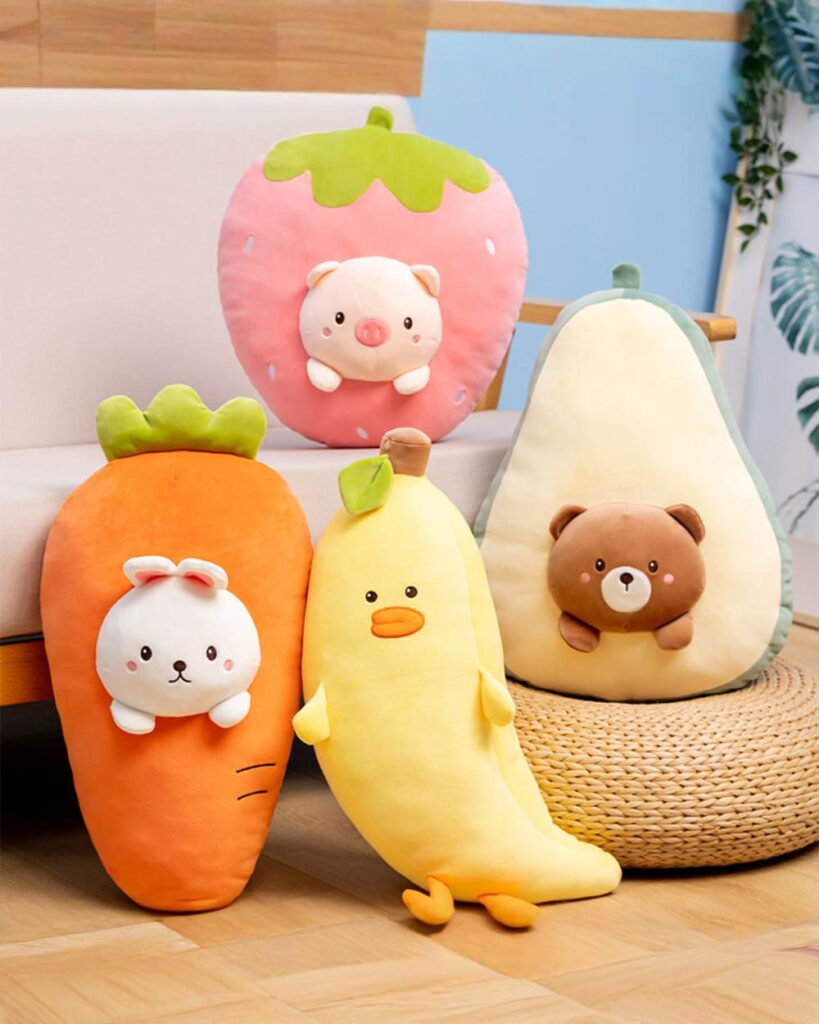 Set of kawaii food plushies featuring strawberry, pig, carrot, banana, and pear. Cute kawaii food plushie collection.