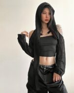 Black hooded cut out top with distressed detailing, gothic aesthetic top.