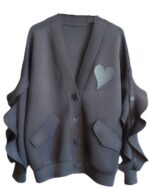 Gray lace cardigan kawaii with heart and pocket details, long sleeve, V-neck design.
