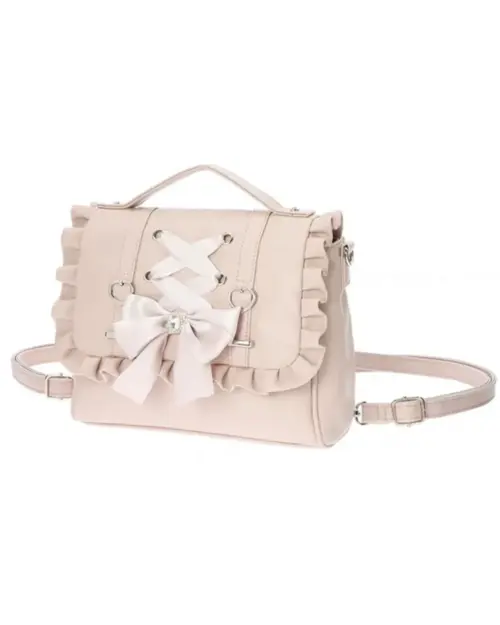 Light pink Vegan Leather Lolita Jirai kei bag with ruffles and bow details.