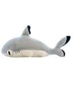 Gray giant shark plushie, Fins the Chonky Shark, soft toy for kids and adults.