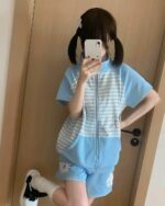 Light blue japanese striped loungewear set with a zip-up top and shorts, featuring a kawaii design.