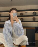 Long-sleeved striped casual shirt, Korean aesthetic style.