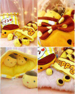 Close-up view of snack bag plushies featuring Pikachu and a Dolly character. A Large Bag Of Snacks Plushies.