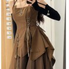 Brown retro aesthetic dress featuring a corset top, lace-up detailing, and a gathered skirt.