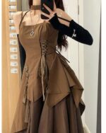 Brown retro aesthetic dress featuring a corset top, lace-up detailing, and a gathered skirt.