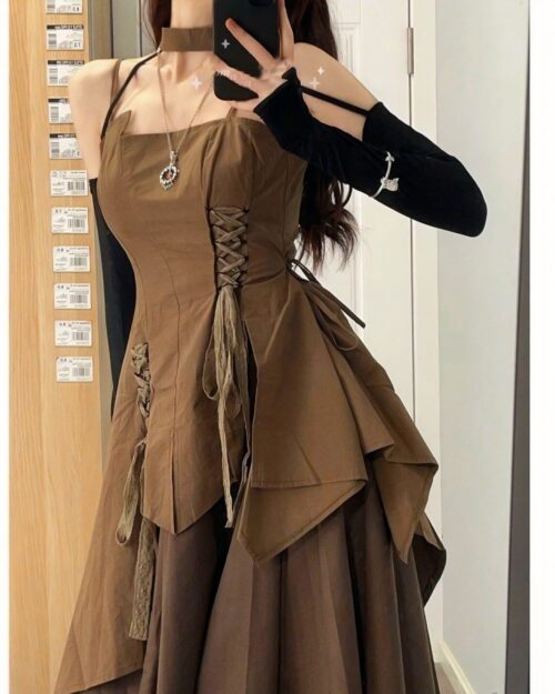 Brown retro aesthetic dress featuring a corset top, lace-up detailing, and a gathered skirt.