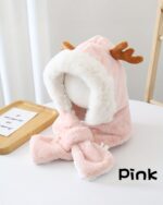 Pink Cute and Fluffy Reindeer Winter Hat with ears and earmuffs.