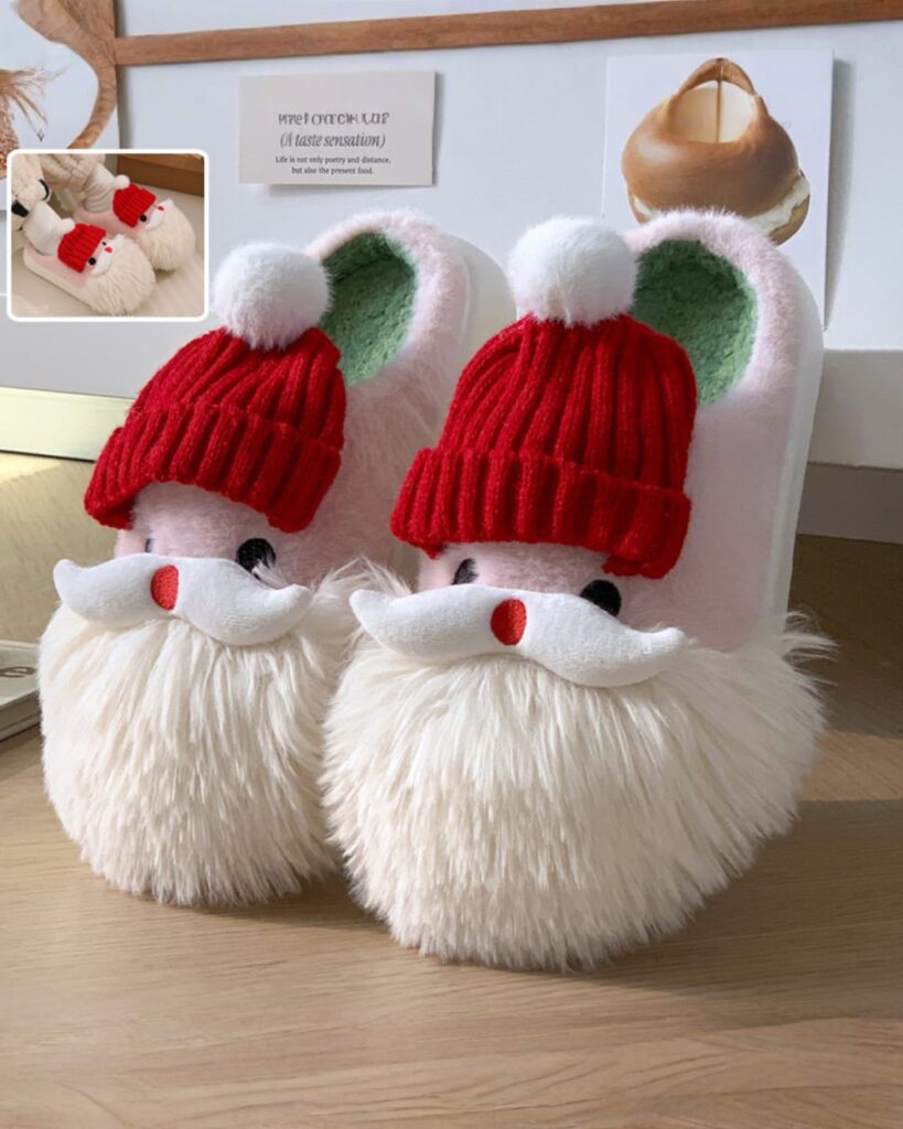 Cute Santa Claus Home Slippers featuring fluffy pom-poms and knitted hats for winter comfort.
