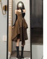 Brown retro aesthetic dress featuring a suspender bodice and layered skirt.