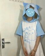 Ghost Neko hooded t-shirt featuring a blue ghost neko graphic and matching hoodie.