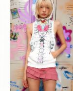 Sleeveless punk hoodie with a grunge aesthetic, featuring a detailed graphic design.