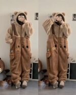 Two people wearing brown bear fluffy pajamas with hood and pockets. Product keyword: bear fluffy pajamas.