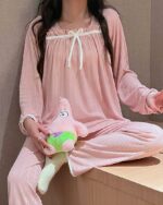Pink korean aesthetic pajamas made of milk silk sleepwear. Comfortable loose summer set.