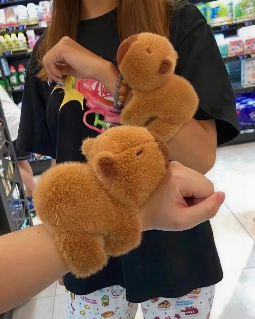Two brown capybara plushies held by a person.